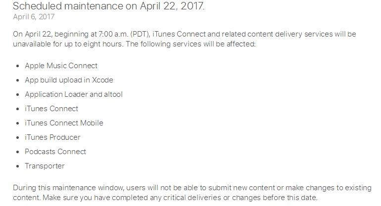 更新须趁早！iTunes Connect已于4月22暂停服务8小时