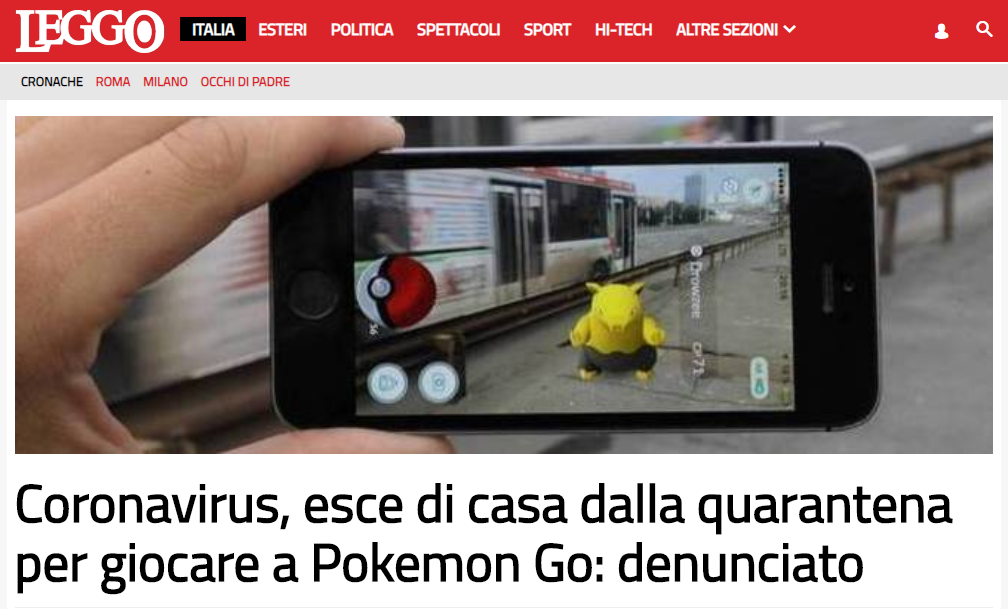 为了玩《宝可梦Go》 意大利男子违反隔离禁令上街被捕